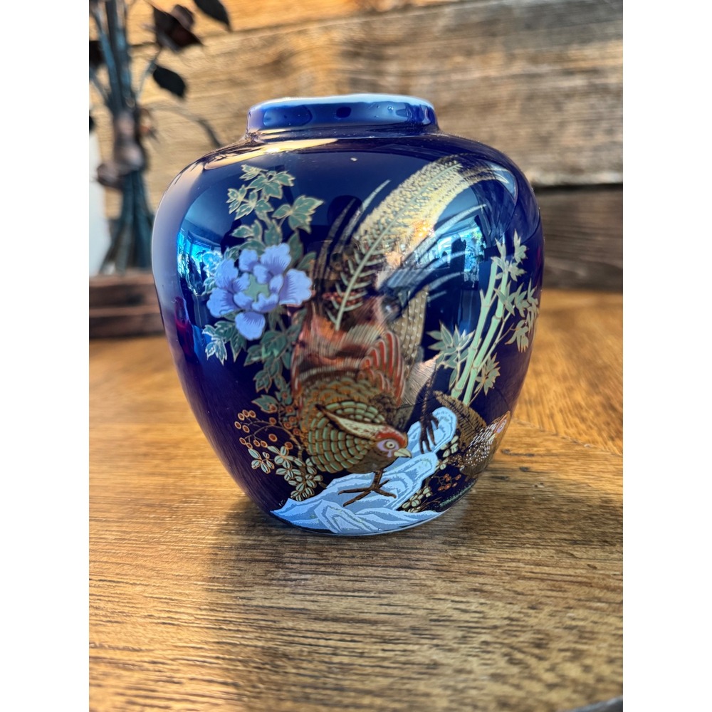 Vintage Cobalt Blue Porcelain Bud Vase Golden Pheasant Bamboo‎ Floral 4.5 Inch